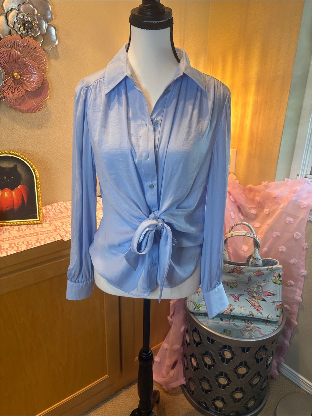 B.Young Light Blue Tie-Front Button-Down Shirt
